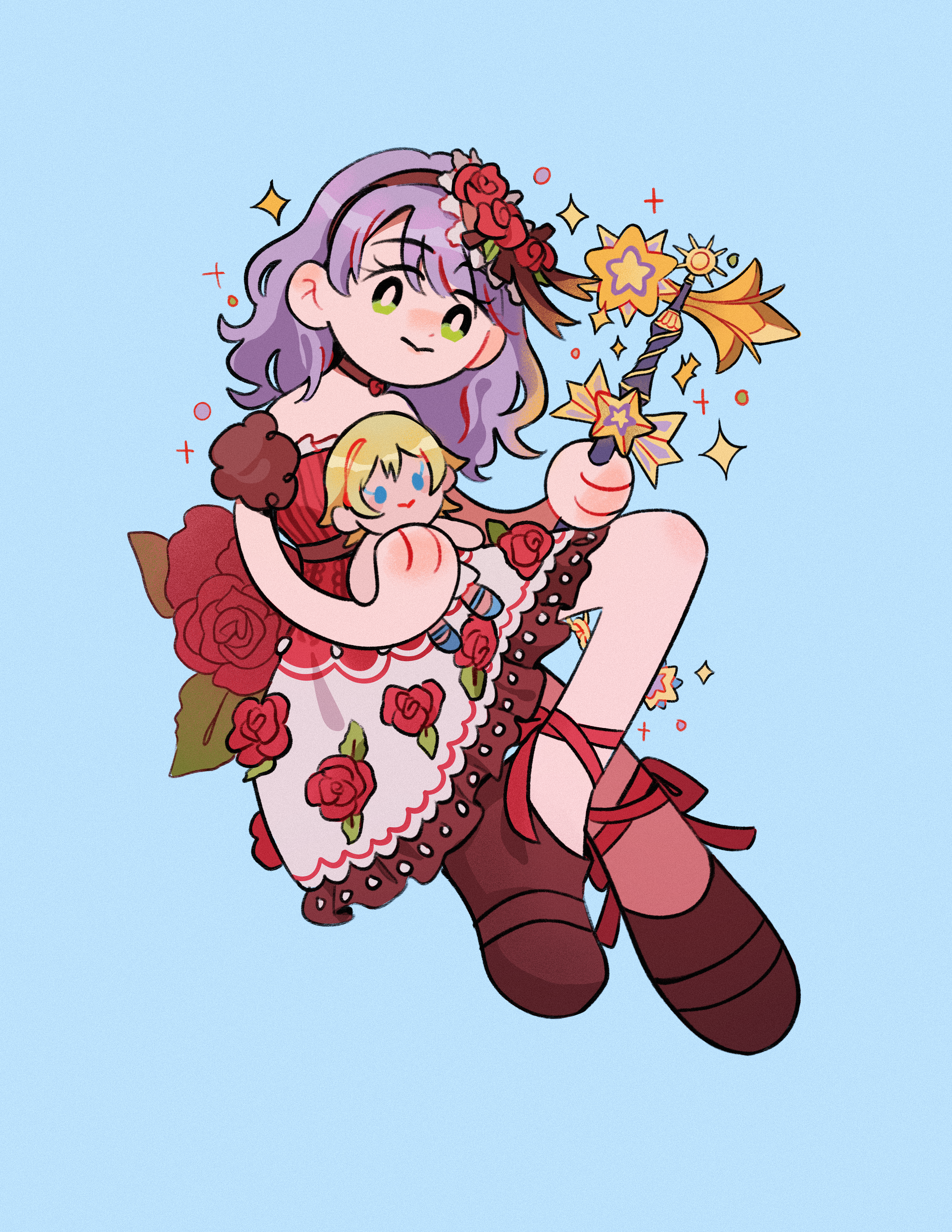 Colored chibi fullbody sketch of my Kingdom Hearts keykid Fish in a rose themed valentine dress holding a Namine plush and keyblade.